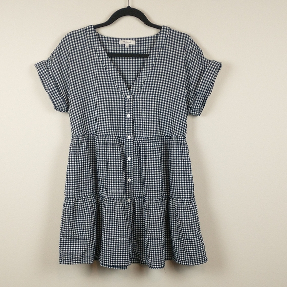 Madewell Dresses & Skirts - Madewell Cuff Sleeve Button Front Tiered Mini Dress in Gingham Check Medium